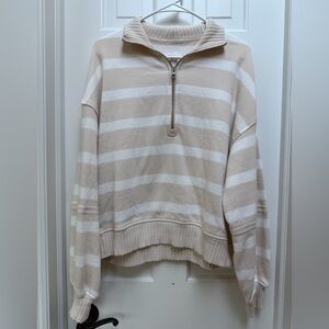 Aerie Beige and White Striped Quarter Zip
